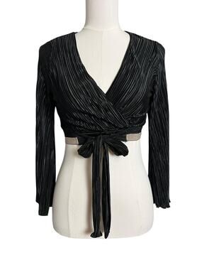 LUX LA Wrap Blouse Womens Small Black Pleated Long Sleeve Cropped Party Top